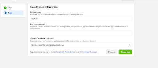 add your preferred app name and the email Facebook should use to contact you, then click Create app